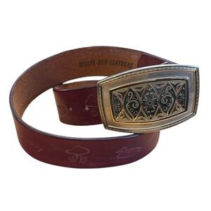 Ren Faire Boho Leather Belt Burgundy Tooled Embossed Brass Buckle Whimsical 30W